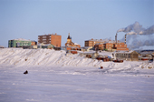 View of the Northern town of Khatanga from the frozen Khatanga River. Taymyr, Northern Siberia, Russia. 2004