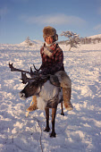 A Yakut herder riding one of his reindeer at winter pastures near Verkhoyansk. Yakutia, Republic of Sakha, Russia. (1999)
