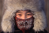 Lena Potapova frosted up at minus 52 degrees Celsius in the winter at Verkhoyansk. Yakutia, Republic of Sakha, Russia. (1999)
