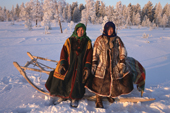 A forest Nenets woman (left) and a Khanty woman (right) in traditional dress. Khanty Mansiysk, Western Siberia, Russia. 2000