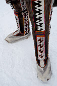 A Khanty man's thigh length winter boots. They are made from reindeer skin using a traditional design pattern. Numto. Khanty Mansiysk, Siberia, Russia