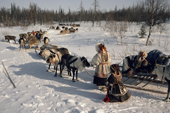 Nenets mother & daughters in traditional clothing on their spring migration. Yamal. Siberia. Russia. 1993