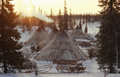 The sun rises behind reindeer skin tents at a winter camp of a group of Nenets herders. Yamal. Siberia. 1993