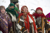 Khanty women in traditional dress at a Spring festival in the village of Pitlyar. Yamal, Western Siberia, Russia
