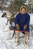 Victor Piak, a Forest Nenets man, wearing traditional reindeer skin clothing. Purovsky Region, Yamal. Western Siberia, Russia