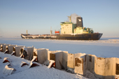 The Indiga, a tanker from Murmansk, delivering fuel oil to the new port under construction at Sabetta during the winter. South Tambey Gas Field, Yamal Peninsula, NW Siberia, Russia