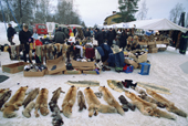 Fox pelts displayed on the snow by a stall at the Jokkmokk Winter Market. Sweden.