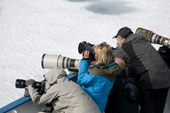 Blonde woman in a turquoise jacket with photographers as they watch a polar bear. Hornsund Fiord. Spitsbergen.