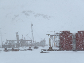 Disused whaling catcher boats and storage drums in the snow. Grytviken. South Georgia. Sub Antarctica