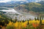 View of Dawson City & The Yukon River in the autumn. Seen from the Midnight Dome. Yukon, Canada.